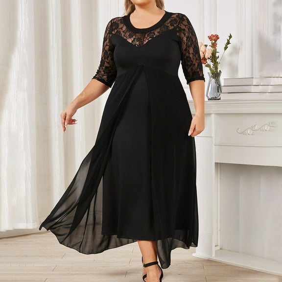 Jinhomg Plus Size Dresses for Wedding Guest Elegant Lace Wrap V Neck Chiffon Dress Plus Size Short Sleeve Layered Midi Dresses formal Mother of The Bride Dress Black XXXXL