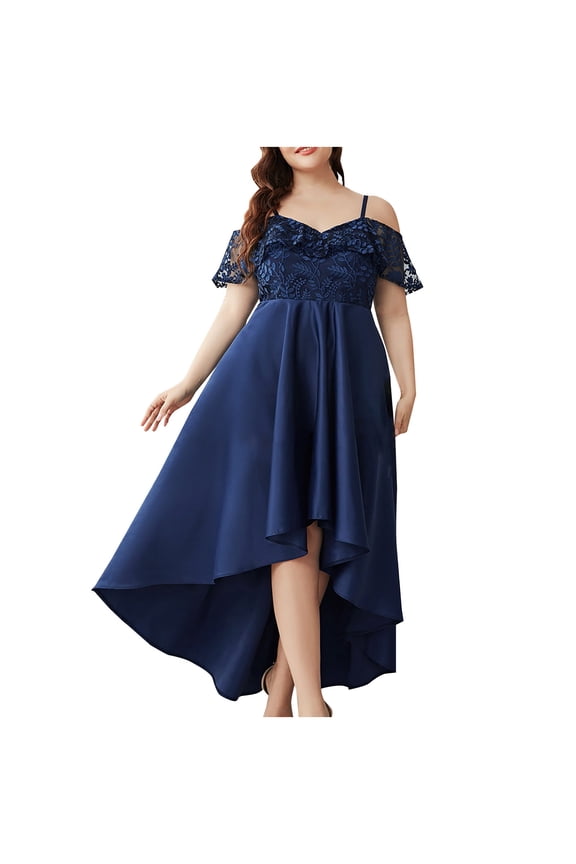 Plus Size Dresses for Women Cold Shoulder Lace High Low Formal Dress V Neck Ruffle Evening Gown for Wedding Party Navy,L