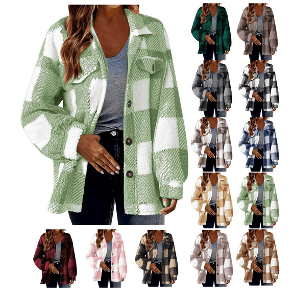 Jinhomg Plus Size Fleece Jackets for Women Buffalo Plaid Flannel Sherpa Lined Coat Button Down Laple Plush Shackets Gray,S