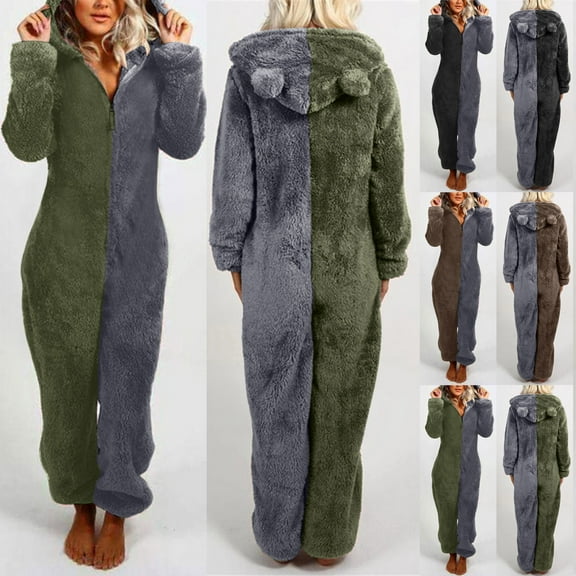 Jinhomg Plus Size Fleece Onesies for Women Trendy Block Color One Piece Bear ear Hooded Pajamas Fall Winter Soft Warm Fuzzy Sherpa Jumpsuit Seasonal Sale Black XXXXXL