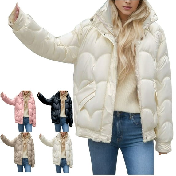 Jinhomg Plus Size Down Jacket for Women Winter Warm Long Sleeve Full-Zip Puffer Coat Casual Comfy Solid Quilted Coat with Pockets Prime Day 2024 Blue M