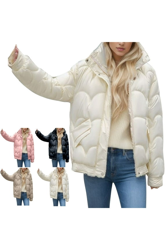Plus Size Down Jacket for Women Winter Warm Long Sleeve Full-Zip Puffer Coat Casual Comfy Solid Quilted Coat with Pockets Khaki XXXL