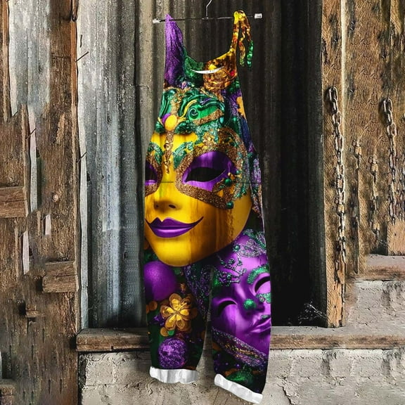 Jinhomg Plus Size Jumpsuits for Women Baggy Comfy Sleeveless Mardi Gras Overalls Casual Spaghetti Strap Graphic Holiday Rompers Party Outfits Summer Saving Multicolor L