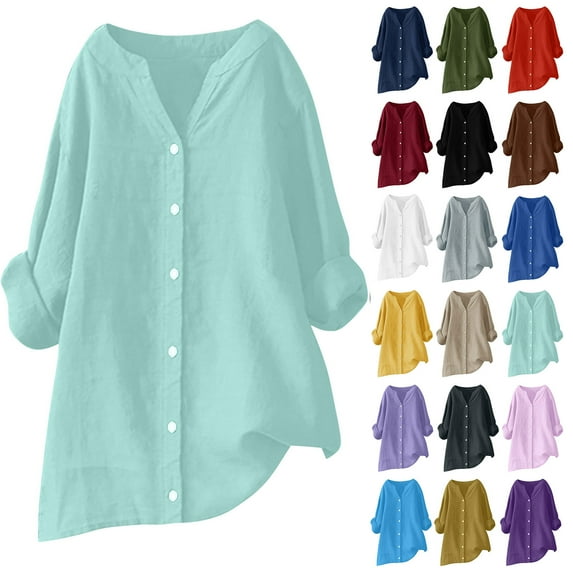Jinhomg Plus Size Linen Blouse for Women Cotton Linen Button Down Shirts Solid Long Sleeve Band Collar Shirt Loose Fit Mid Length Pullover Blouses Yellow M