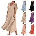 thumbnail image 1 of Jinhomg Plus Size Linen Dresses for Women Basic Solid Color Maxi Dress Flowy Comfy Short Sleeve Crew Neck T-Shirt Dresses with Pockets Clearance Items for Women Black S, 1 of 6