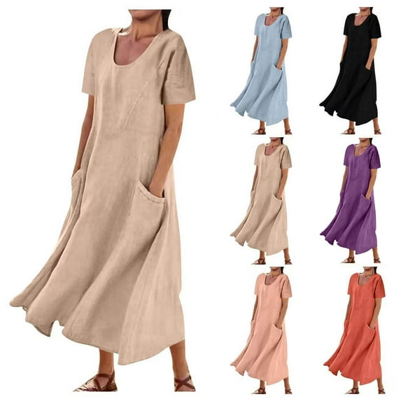 Jinhomg Plus Size Linen Dresses for Women Basic Solid Color Maxi Dress Flowy Comfy Short Sleeve Crew Neck T-Shirt Dresses with Pockets Purple XL