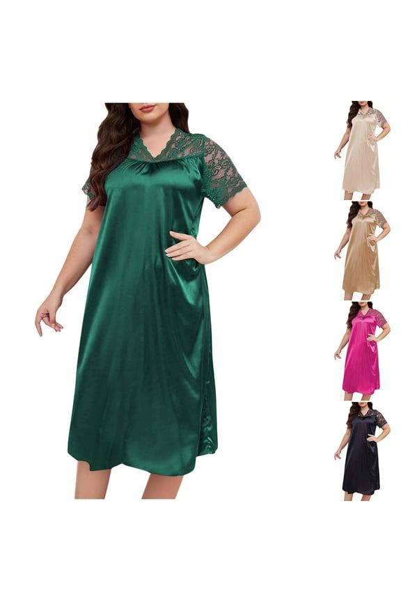 Plus Size Nightgowns for Women Casual Loose Lace Patchwork V-Neck Nightdress Soft Comfy Satin Midi Sleep Dress Hot Pink XXXXXL