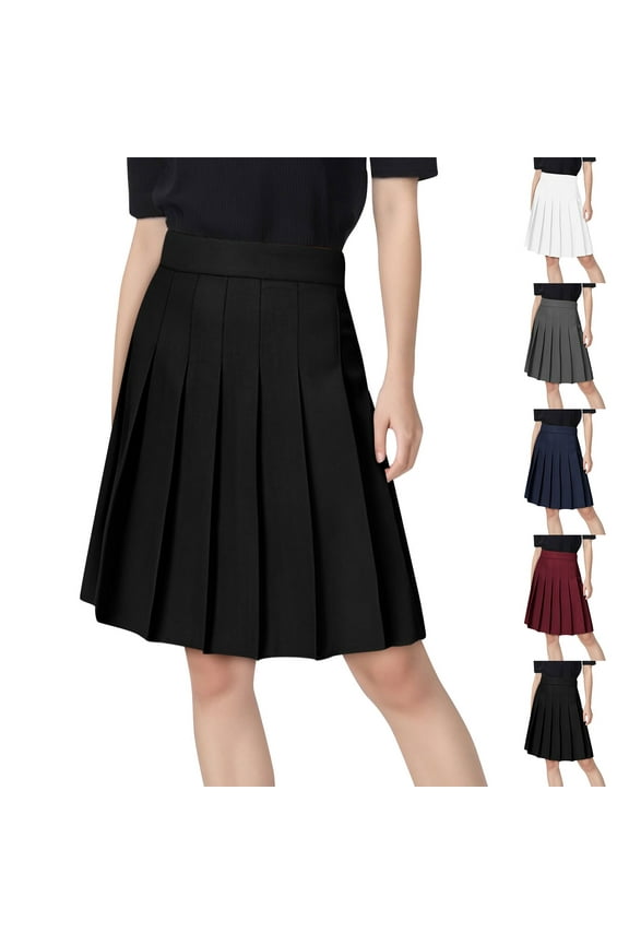 Plus Size Skirts for Women Casual Solid Pleated Midi Skirt Comfort Elastic Waist School Uniform Skirts Flowy Tennis Skater Skirts Black XXXL