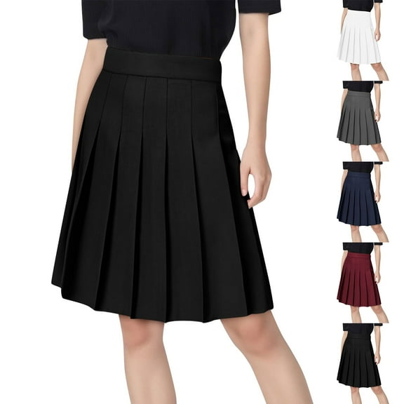 Jinhomg Plus Size Skirts for Women Casual Solid Pleated Midi Skirt Comfort Elastic Waist School Uniform Skirts Flowy Tennis Skater Skirts White XS