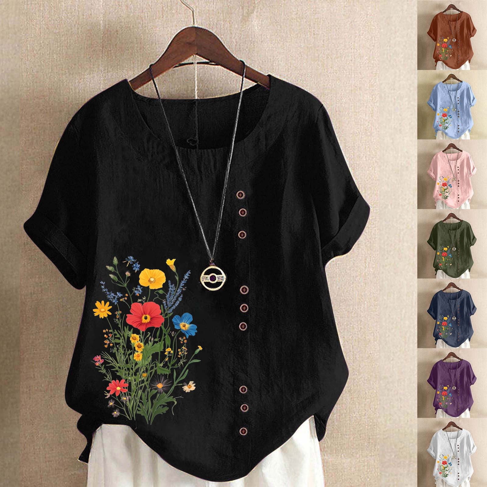 Jinhomg Plus Size Summer Shirt for Women Elegant Floral Print Linen ...
