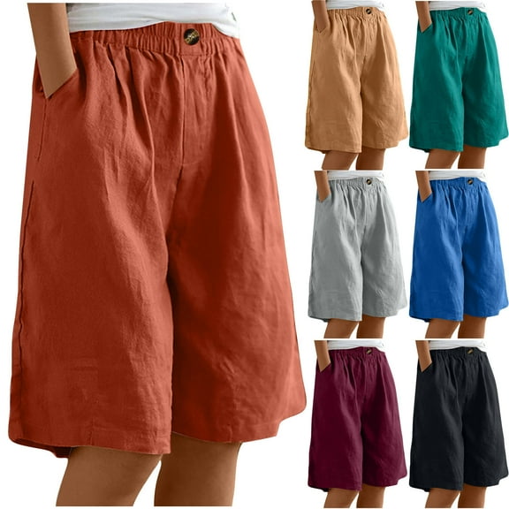 Jinhomg Plus Size Summer Shorts for Women Casual Solid Cotton Linen Shorts Baggy Comfy Elastic Waist Wide Leg Bermuda Shorts Summer Beachwear 90 off Deals Blue M