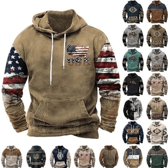 Jinhomg Plus Size Sweatshirts for Men Retro Tribal Aztec Graphic Hoodie Long Sleeve Drawstring Hipster Hoody Tops Black,L