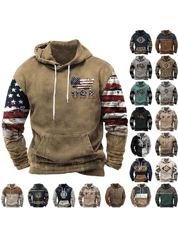 Plus Size Sweatshirts for Men Vintage Tribal Aztec Graphic Hoodie Sweatshirts Long Sleeve Drawstring Pullover Tops Navy,M
