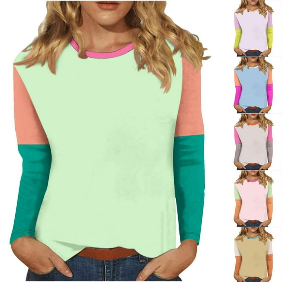 Jinhomg Plus Size T Shirts for Women Trendy 3/4 Sleeve Color Block Tees Fall Comfy Loose Round Neck Tunic Tops Blue L