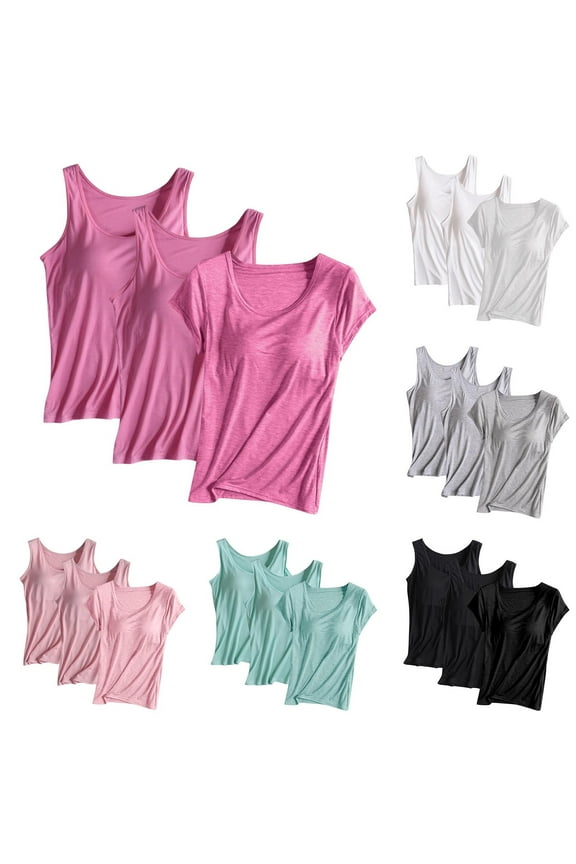 Plus Size Tank Tops Built in Bra for Women Casual Sleeveless Crew Neck Camisole 3 PC Basic Solid Summer Cami Shirts White L