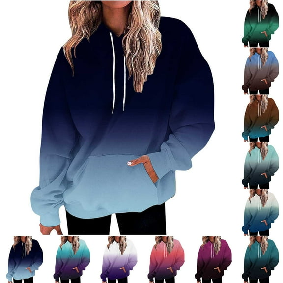 Jinhomg Plus Size Trendy Hoodies for Women Oversized Casual Gradient Color Sweatshirts Loose Comfort Long Sleeve Kangaroo Pocket Pullovers with Drawstring White L