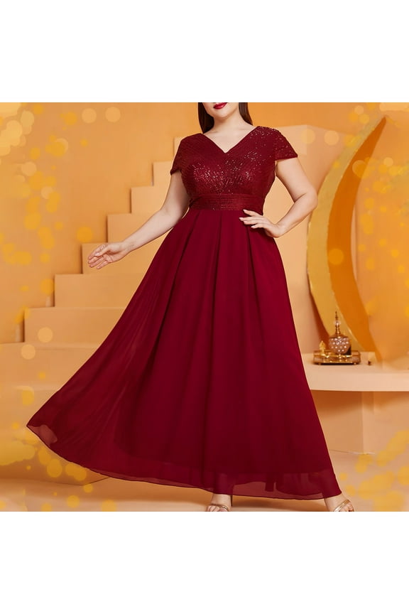 Plus Size Wedding Guest Dresses for Women Glitter Chiffon Patchwork Sequin Dress Flowy Swing Short Sleeve V-Neck Maxi Dresses formal A-Line Mother of The Bride Dress Red XXXXL