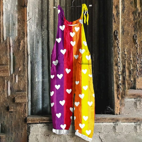 Jinhomg Plus Size Womens Jumpsuit 2025 Funny Cute Valentines Heart Graphic Onesies Lightweight Comfy Spaghetti Strap Wide Leg Rompers Clearance Items for Women Multicolor L