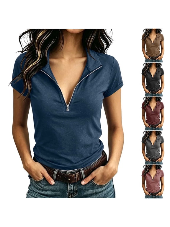 Polos Shirts for Women Half Zip Slim Fitted Work Blouses Top 2026 Lapel V Collared Casual Dressy Tight Tops Trendy Summer Going Out Top Wine,S