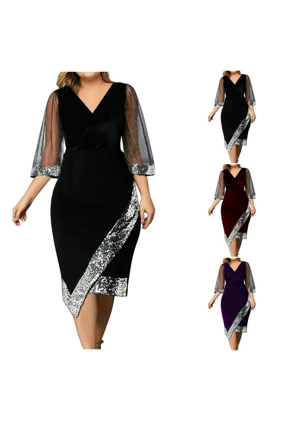 Prom Dresses for Women Glitter Wrap V Neck Midi Sequin Dress Elegant 3/4 Sleeve Mesh Patchwork Cocktail Gowns Plus Size Velvet Pencil Evening Dress Black XL