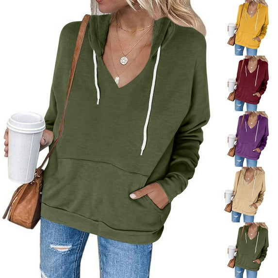 Jinhomg Pullover Hoodies for Women Dressy Casual Long Sleeve Solid Sweatshirt Oversized Lightweight Comfy V Neck Drawstring Hoodie with Pocket Wine S