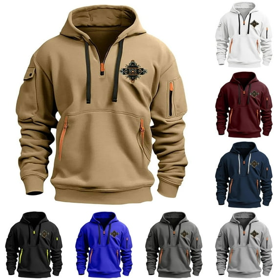 Jinhomg Quarter Zip Men Hoodies Pullover Trendy Graphic Hooded Sweatshirt Mid Weight Multi Pocket Long Sleeve Athletic Tops Todays Wine S