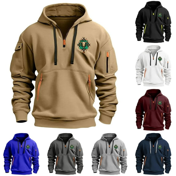 Jinhomg Quarter Zip Men Hoodies Pullover Trendy Graphic Hooded Sweatshirt Mid Weight Multi Pocket Long Sleeve Athletic Tops Todays Navy L