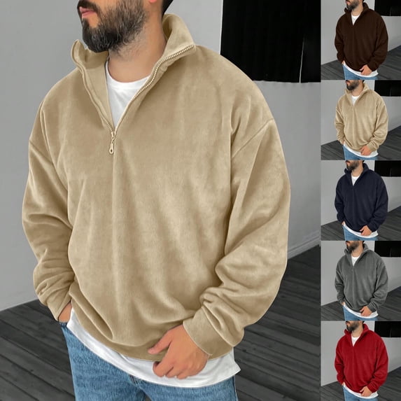 Jinhomg Quarter Zip Pullover for Men Soft Comfy Fleece Long Sleeve Sweatshirts Casual Loose Stand Collared Spring Tops Daily Wear Today's Deals Red M