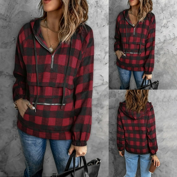 Jinhomg Quarter Zip Sweatshirt for Women Thermal Comfy Flannel Plaid Print Pullovers Fall Winter Casual Long Sleeve Drawstring Hoodies with Zipper Kangaroo Pocket Red XL