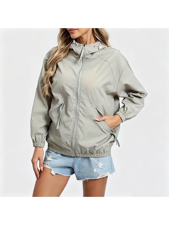 Rain Jacket Womens with Zipper Pockets Outdoor Active Raincoat Loose Elastic Cuff Lightweight Windbreaker Waterproof Sporty Outerwear for Hiking Running Gray,XXL
