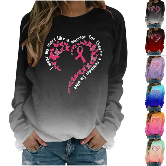Jinhomg Ribbon Breast Cancer Awareness Sweatshirt for Women Long Sleeve Crew Neck Tees Fall Winter Comfy Pullover Tops Black L