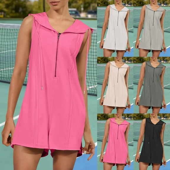 Jinhomg Romper for Women Loose Fit Comfy Sleeveless Sweatshirt Romper Casual Athletic Workout Hooded Short Overalls with Pockets Beige M