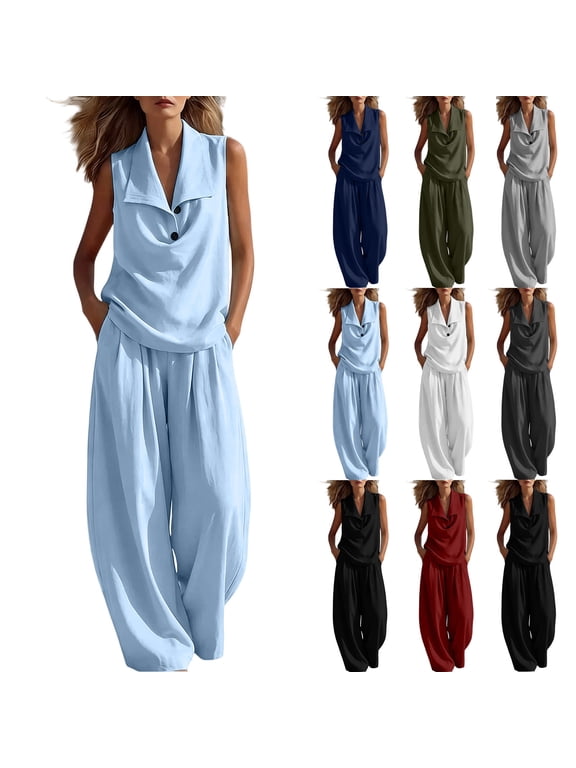 S Women's 2 Piece Solid Sets, Sleeveless V Neck Button Tops with Wide Leg Pants Set Airports Outfits Gray