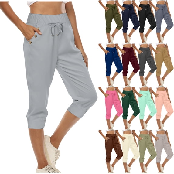 Jinhomg Sales of The Day! Women's Yoga Capri Pants Loose Drawstring High Waisted Sweatpants Lounge Running Gym Short Pants with Pockets Dark Green L