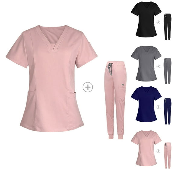 Jinhomg Scrub Suit Set for Women 2 Piece Dressy Solid Medical Nursing Uniforms Modern V-Neck Top and Tapered Leg Jogger Pants with Drawstring Dark Blue L