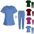 thumbnail image 1 of Jinhomg Scrub Suit Set for Women 2 Piece Dressy Solid Medical Nursing Uniforms Modern V-Neck Top and Tapered Leg Jogger Pants with Drawstring Sales Today Hot Pink S, 1 of 5