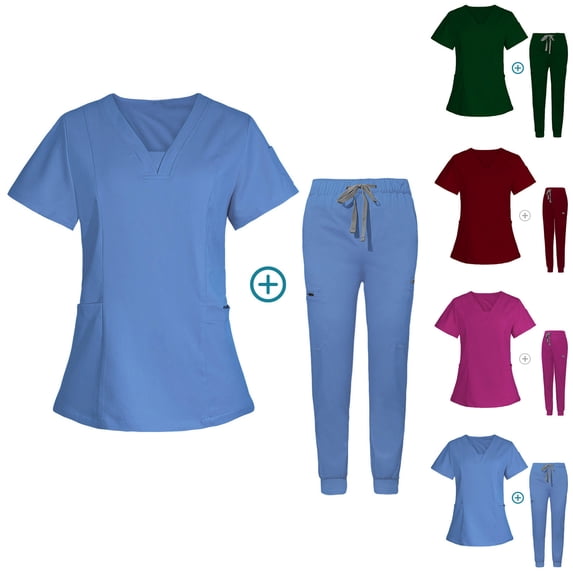 Jinhomg Scrub Suit Set for Women 2 Piece Dressy Solid Medical Nursing Uniforms Modern V-Neck Top and Tapered Leg Jogger Pants with Drawstring Sales Today Hot Pink S