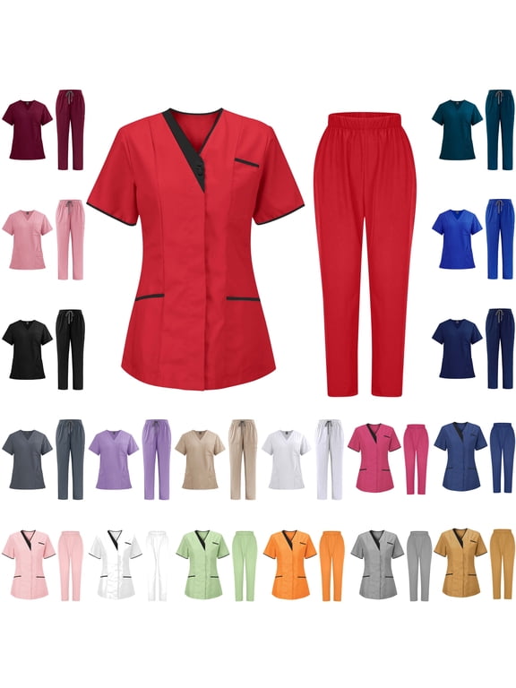 Scrub Uniform for Women Stretch Comfy V Neck Short Sleeve Tunic Blouse with Elastic Waist Joggers 2 Piece Casual Solid Nurse Workwear 2025 Saving White S