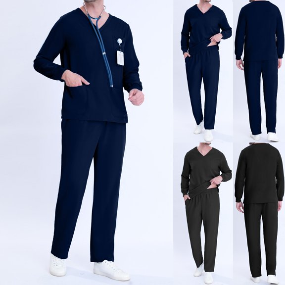 Jinhomg Scrubs Medical Uniform, Women and Man Scrubs Set Casual Short Sleeve V-Neck Scrub Top and Long Pants Unisex Nursing Sets Navy L