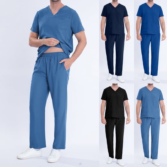 Jinhomg Scrubs for Men and Women Stretchy Comfy Short Sleeve V-Neck Nursing Tops with Elastic Waist Joggers 2 Piece Casual Everyday Working Uniforms Sales Today Clearance Blue M