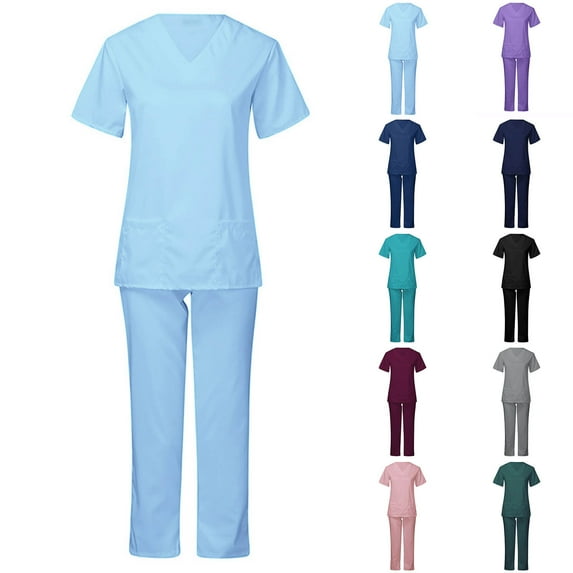 Jinhomg Scrubs Set for Women 2 Piece Dressy Casual Solid Nurse Suits Short Sleeve V-Neck Scrub Tops with Elastic Waist Straight Pants Fall Saving Mint Green XL