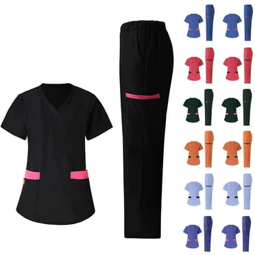 Jinhomg Scrubs Set for Women Casual Loose V-Neck Top & Straight Leg Pants with Pockets Lightweight Comfy Quick Dry Nurse Working Uniform Black L