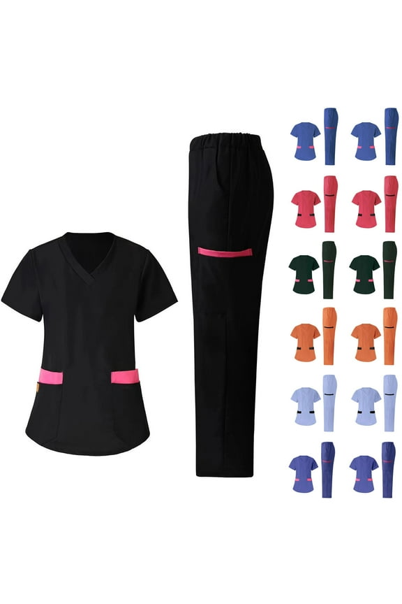 Scrubs Set for Women Casual Loose V-Neck Top & Straight Leg Pants with Pockets Lightweight Comfy Quick Dry Nurse Working Uniform Black M
