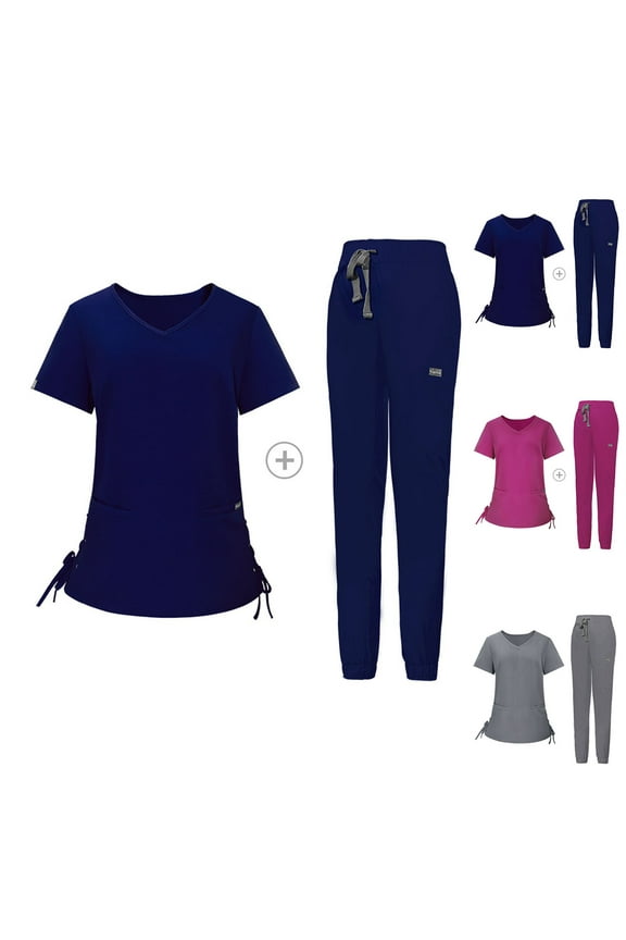 Scrubs for Women Set 2 Piece Casual Solid Medical Nurse Uniform Fashion Side Drawstring Tunic Tops with Elastic Waist Pants 2025 Workwear 90% off Clearance Sale Navy M