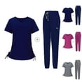 thumbnail image 1 of Jinhomg Scrubs for Women Set 2 Piece Casual Solid Medical Nurse Uniform Fashion Side Drawstring Tunic Tops with Elastic Waist Pants 2025 Workwear Navy XL, 1 of 5