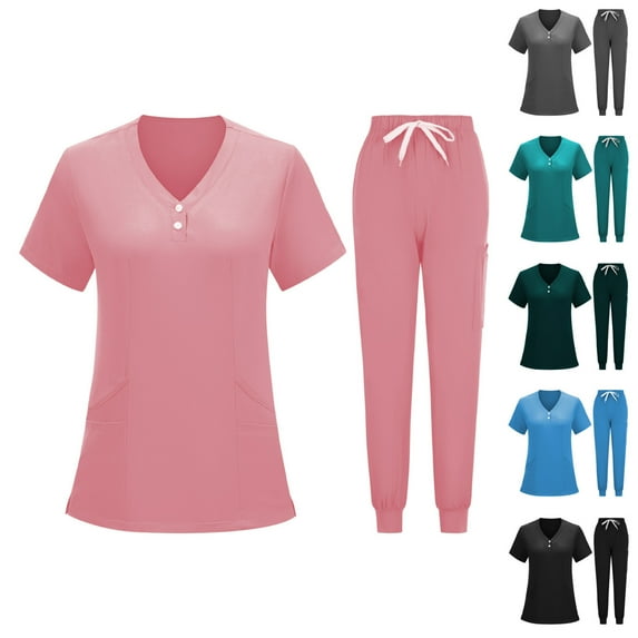 Jinhomg Scrubs for Women Set Button V-Neck Short Sleeve Caregiver Top & Drawstring Elastic Waist Joggers with Pockets 2 Pieces Scrub Uniforms Sky Blue M