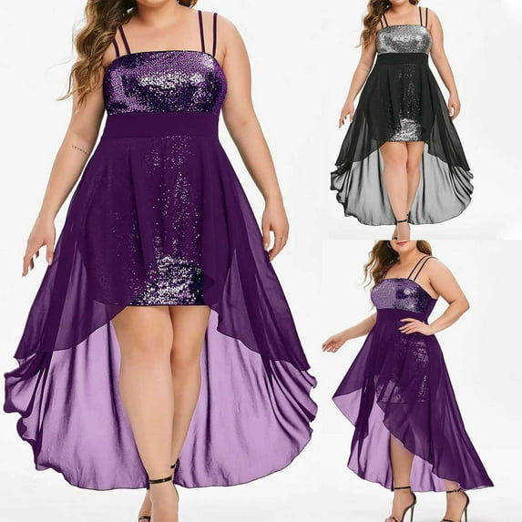 Jinhomg Sequin Dresses for Women Trendy Patchwork Ruffle Hem Flowy Dress Plus Size Comfy Spaghetti Strap Midi Dresses 2025 Homecoming Party Dresses Purple XXL