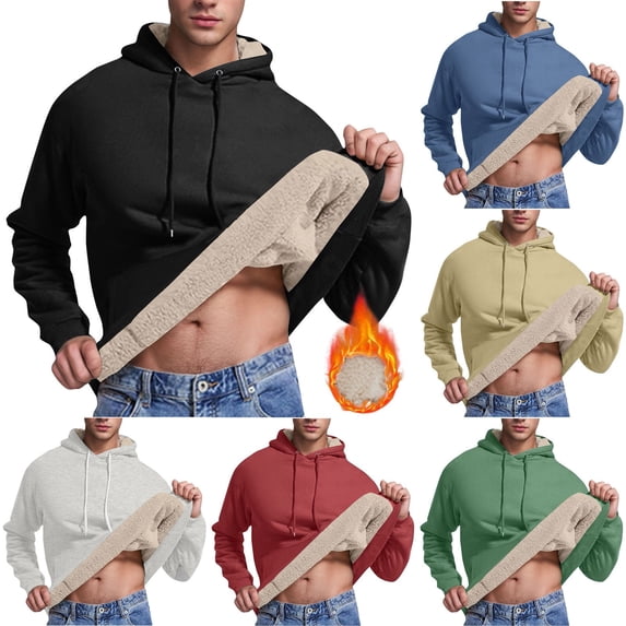 Jinhomg Sherpa Fleece Hoodies for Men Big and Tall Casual Solid Hooded Sweatshirt Thermal Comfy Long Sleeve Drawstring Pullover Hoodie with Pocket Winter Saving Black L