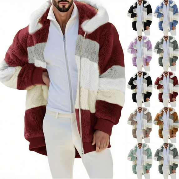 Jinhomg Sherpa Fleece Jacket Men Winter Color Block Coats Oversized Hooded Full Zip Up Jackets Casual Outdoor Hoodies Coat with Pockets Army Green,S