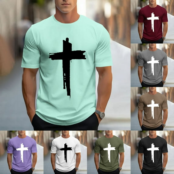 Jinhomg Shirts for Men Christian 2025 Funny Cross Graphic Print Tee Lightweight Comfy Short Sleeve Crew Neck Workout Tops Gray M